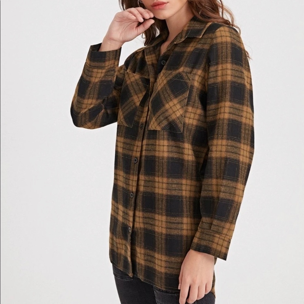 Plaid Brown Button Pocket Flannel